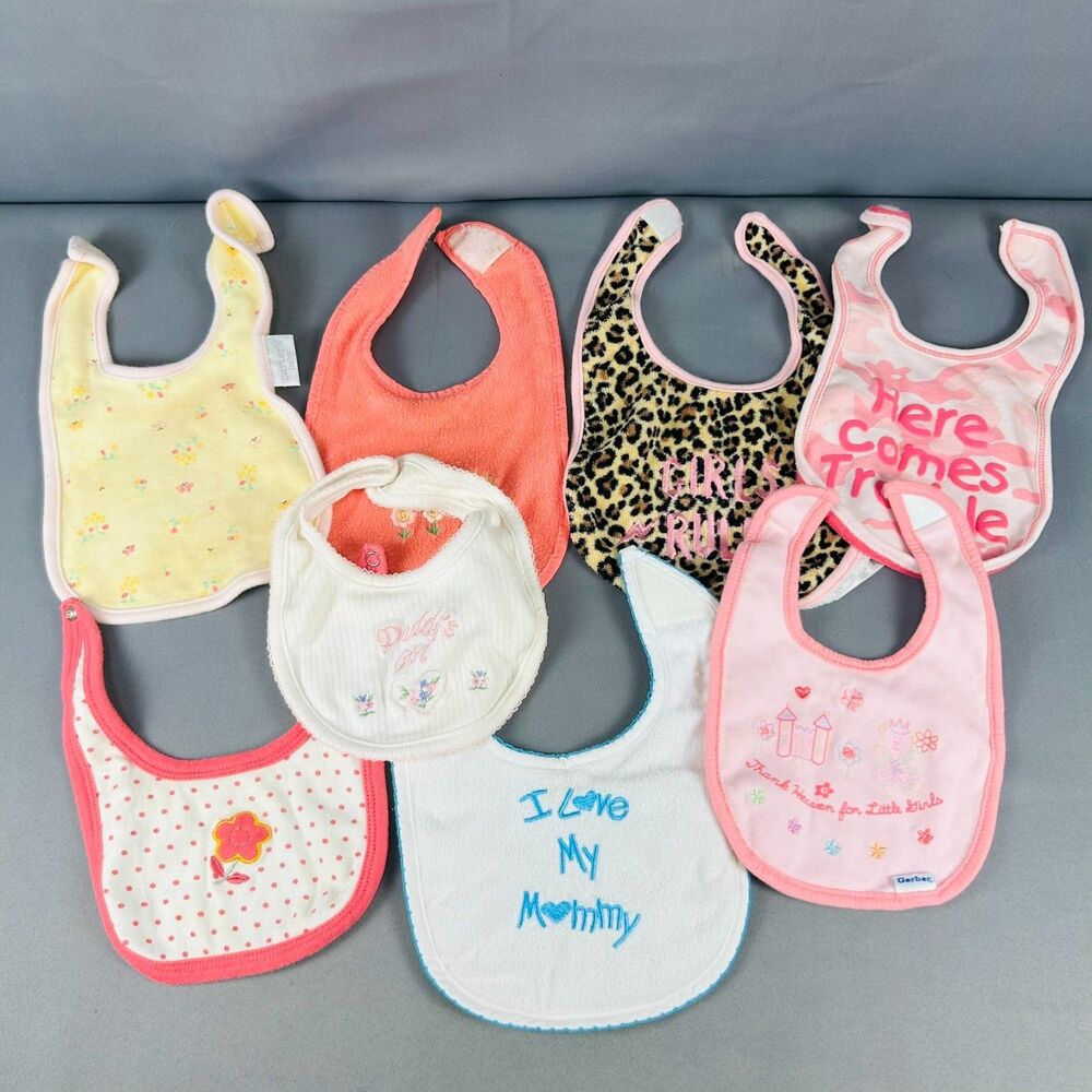 Baby Bibs Lot - Little Girls - Various Brands - Carters Gerber Pink Floral 8pcs